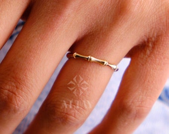 14K Gold Bamboo Ring, Minimalist Bone Ring, Thin Stacking Ring, Dainty Gold Women Ring, Stackable Gold Ring, Unisex Band Ring, Gift For Her