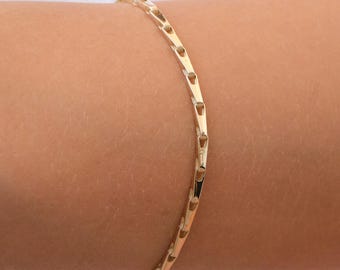 14K Gold Bar Link Bracelet, 2.50mm Minimal Gold Chain Bracelet, Dainty Flat Link Bracelet, Everyday Gold Bracelet, Gift for Her
