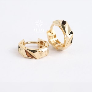 14 kt gouden rand Huggie-oorbellen, 12 mm-oorbellen, geometrische dikke oorbellen, unieke hoekige hoepel, Edge Dome Huggies, sprankelende oorbellen