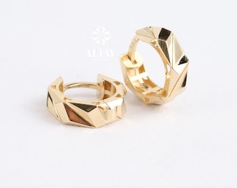 14K Gold Edge Huggie Hoop Earrings, 12mm Hoop Earrings, Geometric Chunky Earrings, Unique Angular Hoop, Edge Dome Huggies, Sparkle Earrings