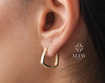 14K Gold Geometric Hoop Earring, Gold Square Huggie, Rectangle Hoop Huggie Earring, Minimal Everyday Huggie Earring, Stacking Hoop Huggie