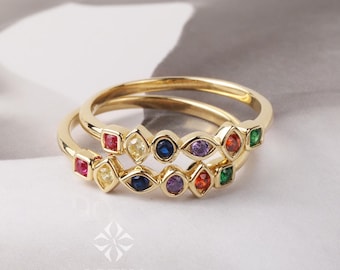 14K Gold Birthstone Ring, Multi Stone Gold Ring, Engagement Band Ring, Promise Ring, Birthstone Ring, Stacking Bridal Ring, Beaded Gold Ring