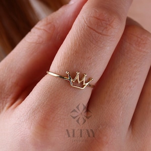 14K Gold Krönchenring, Kronenbandring, Prinzessin Krone Ehering, Zierlicher Stacking-Ring, Vintage-Goldbandring, minimalistischer Ring