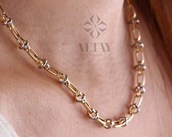 14K Gold Two Tone Chain Necklace, Oval Chain Choker, Rectangle Long Paperclip Chain, Chunky Chain Link, Two-Tone Charm Necklace