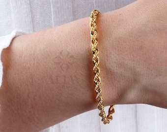 14K Solid Gold Rope Chain Bracelet, Dainty Bracelet, Gift For Her, Unisex Bracelet, Twist Chunky Chain, Fashion Delicate, Stacking Bracelet