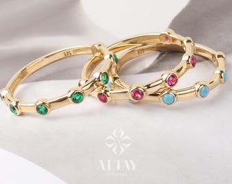 14K Gold Engagement Ring, Multi stone Gold Ring, Art Deco Band Ring, Promise Ring, Birthstone Ring, Stacking Bridal Ring, Beaded Gold Ring