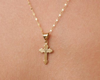 14K Gold Cross Necklace, Minimal Gold Cross Pendant, Dainty Everyday Gold Sequin Mirror Necklace, Religious Gold Jewelry Gift for Her
