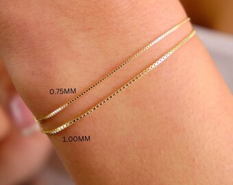 14K Gold Box Chain Bracelet, 0.75mm 1mm Box Chain Bracelet, Shiny Box Chain Anklet, Dainty Layered Bracelet, Simple Chain Bracelet
