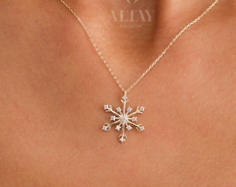 14K Snow Flake CZ Diamond Necklace, Christmas Gift For Her, Winter Symbol, Snow Delicate Dainty Necklace, Minimalist Fine Jewelry, Fashion