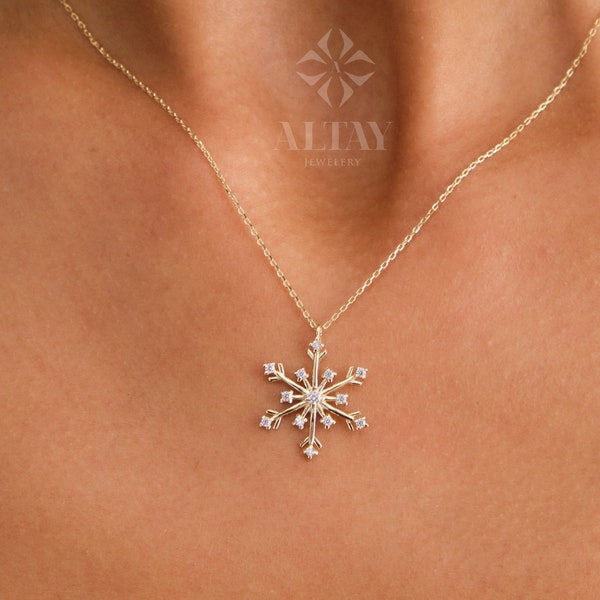 Collana di diamanti CZ fiocco di neve 14K, regalo di Natale per lei, simbolo invernale, collana delicata di neve, gioielleria raffinata minimalista, moda