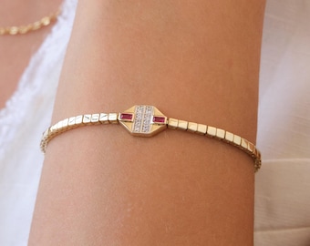 14K Gold Ruby Station Bracelet, Ruby Bar Box Chain Bracelet, Minimal Gemstone Gold Bracelet, Gift for Her