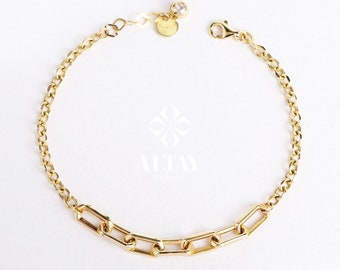14K Gold Paperclip Rolo Chain Bracelet, Rectangle Paper Clip Chain, Gold Thick Flat Oval Link, Round Rolo Gold Link, Women Men Gold Bracelet