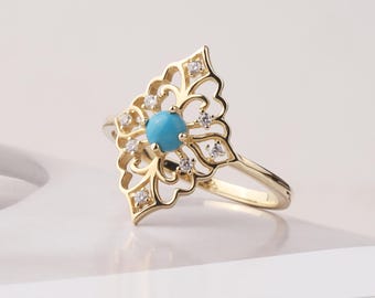 14K Gold Turquoise Filigree Ring, Vintage Inspired Floral Statement Ring, Art Deco Gold Ring, December Birthstone Jewelry, Gift for Her