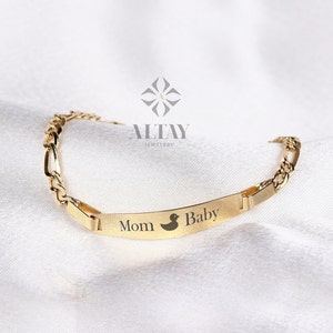 Bracelet d'identification de bébé en or 14 carats, bracelet plaque signalétique enfant, barrette gravée personnalisée en or massif, bracelet prénom personnalisé bébé garçon fille, cadeau personnalisé