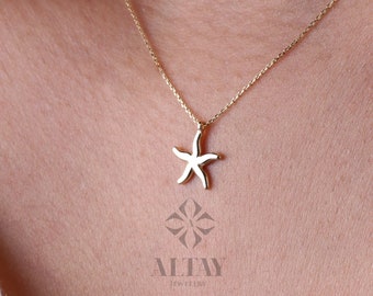 14K Gold Starfish Necklace, Tiny Starfish Pendant, Gold Starfish Charm,Star Sign Necklace, Delicate Starfish Choker, Beach Jewelry