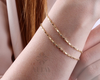 14K Gold Rectangle Box Chain Bracelet, 1.35mm Tiny Link Gold Chain Bracelet, Gold Paperclip Venetian Box Chain, Layering Elongated Link