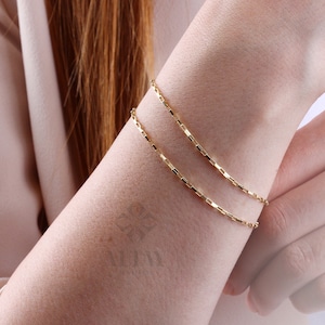 14K Gold Rectangle Box Chain Bracelet, 1.35mm Tiny Link Gold Chain Bracelet, Gold Paperclip Venetian Box Chain, Layering Elongated Link