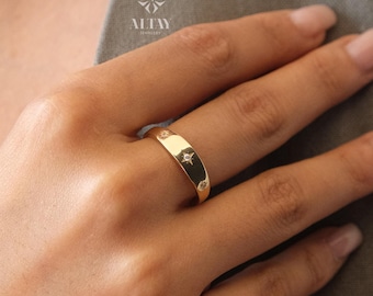 14K Gold North Star Ring, Gold Polar Star Band, Gold Cz Diamond Star Ring, Astrology Starburst Ring, Luck Star Ring, Celestial Pinky Band