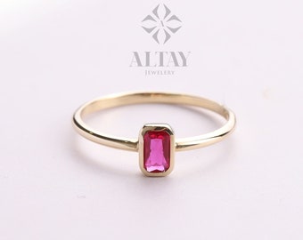 14K Gold Vintage Birthstone Ring, Baguette Gemstone, Personalized Solitaire Ring, Bezel Set Stone Ring, Elegant Gold Engagement Ring