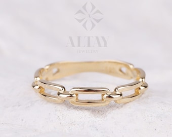 14K Gold Chain Ring, Paperclip Chain Band, Rectangle Long Chain Ring, Stacking Chain Ring, Chunky Gold Ring, Chain Curb Ring, Layering Band