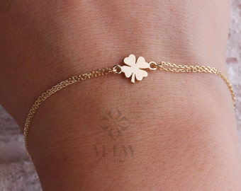 14K Yellow Gold Four Leaf Clover Bracelet, Dainty Good Luck Bracelet, Clover Lucky Charm Bracelet, St. Patrick's Day Accessory, Gift for Her