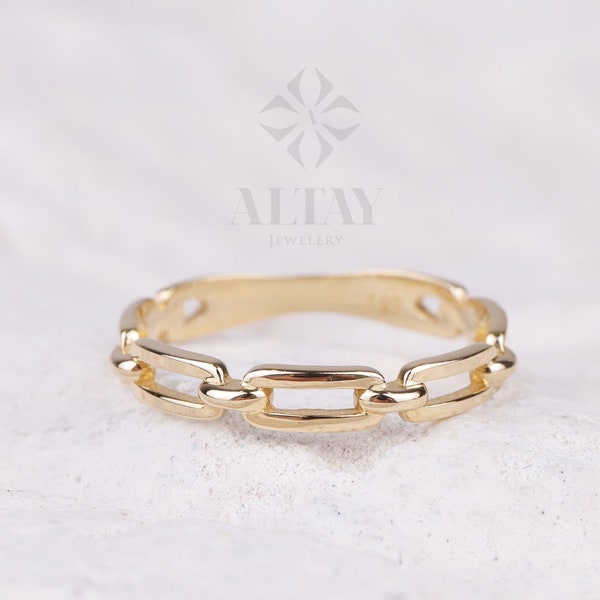 14K Gold Chain Ring, Paperclip Chain Band, Rectangle Long Chain Ring, Stacking Chain Ring, Chunky Gold Ring, Chain Curb Ring, Layering Band