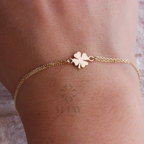 14K Yellow Gold Four Leaf Clover Bracelet, Dainty Good Luck Bracelet, Clover Lucky Charm Bracelet, St. Patrick's Day Accessory, Gift for Her