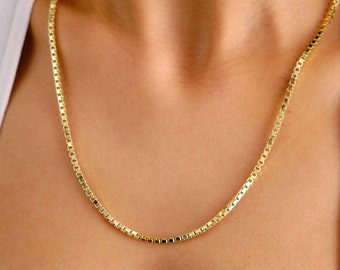 14K Gold Box Chain Necklace, 2.7 mm Box Chain Choker, Dainty Layered Necklace, Shiny Classic Box Chain Necklace, Gift For Her Him