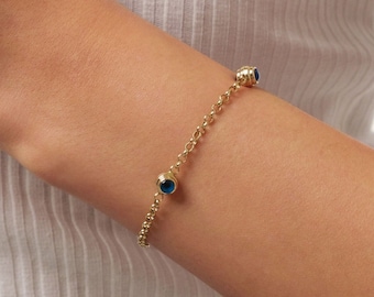 14K Gold Evil Eye Bracelet, 2.5mm Gold Rolo Chain Bracelet, 3 Evil Eye Charm Bracelet, Minimalist Everyday Protective Jewelry, Gift For Her