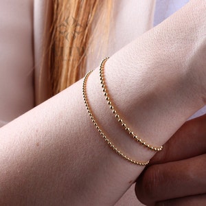 14K Gold Beaded Chain Bracelet, Italian Ball Bead Bracelet, 1.5MM 2MM Layering Link Wristband, Delicate Dainty Gold Beads, Gift For Her Him