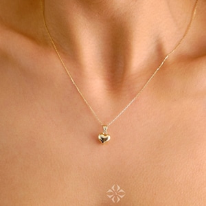 14K Gold Heart Necklace, Small Heart Pendant, Mini 3D Heart Charm Pendant, Puffy Heart Gold Charm, Love Pendant Necklace, Gift for Her