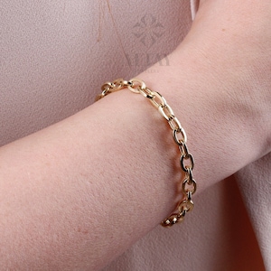 14K Gold Paperclip Rolo Chain Bracelet, Oval Rectangle Paper Clip Chain, Gold Thick Flat Oval Link, Woman Man Gold Bracelet, Rolo Gold Link