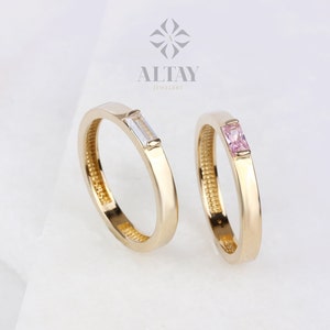 14K Gold Birthstone Ring, Baguette Gemstone Band, Gold Stacking Ring, Dainty Wedding Ring, Christmas Tiny Stackable Ring, Gift For Her