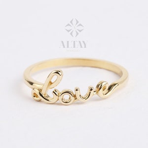 Anel de amor de ouro 14K, anel de sinete com palavra de amor cursiva, anel de amor empilhável, anel de amor com escrita delicada, anel de ouro com amor gravado, anel de noivado