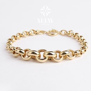 14K Gold Rolo Chain Bracelet, 10mm Round Paperclip Chain, Gold Thick Shiny Round Link, Rolo Charm Link , Women Man Gold Stacking Bracelet