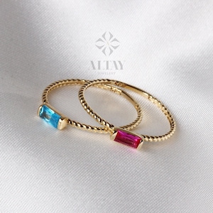 14K Solid Gold Baguette Ring, London Blue Topaz Ring, Ruby Stacking Ring, Aquamarine Dainty Wedding Ring, Tiny Stackable Ring, Gift For Her