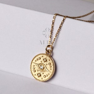 14K Gold Eye Medallion Necklace, Evil Eye Pendant, Coin Necklace, Dainty Gold Choker, Celestial Jewelry, Sun Eye Personalized Gifts for Her