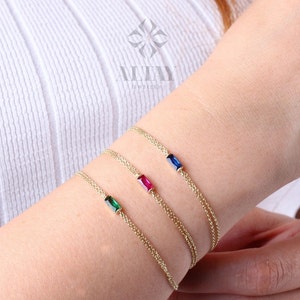 14K Gold Birthstone Baguette Bracelet, Dainty Baguette Bracelet, Emerald Bracelet, Sapphire Bracelet, Ruby Bracelet, Thin Chain Bracelet