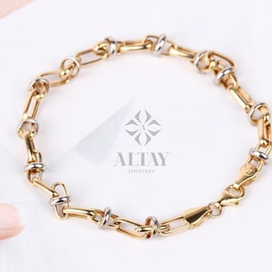 14K Gold Two Tone Chain Bracelet, Oval Chain Bracelet, Rectangle Long Paperclip Chain Anklet, Chunky Chain Link, Two-Tone Bracelet