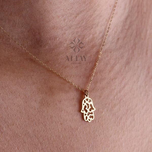 Collier Hamsa en or 14 carats, pendentif à main de Fatima, tour de cou pendentif à charme d’oeil maléfique, bijoux religieux, charme de main, protection minimaliste, cadeau