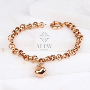 14K Gold 5mm Rolo Chain, Gold Heart Charm Bracelet, Love Bracelet, Mini 3D Heart Pendant, Link Heart Charm Bracelet, Jewelry, Gift for Her