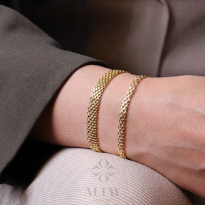 14K Gold Bismark Bracelet, 4.4 mm Curb Wrist Chain, Gold Herringbone Stack Link, Braided Bismarck Christmas Valentine&#39;s Day Gift For Her