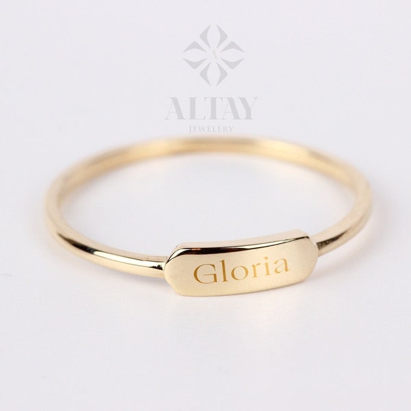 14K Gold Dainty Bar Ring, Personalized Name Ring, Custom Rectangle Ring, Roman Numeral Ring, Pet Memorial Jewelry, Skinny Letter Band