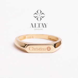 14K Gold Signet Bar Ring, Rectangle Signet Band, Chevalier Ring, Engraved Signet Ring, Custom Name Pinky Ring, Dainty Personalized Flat Ring