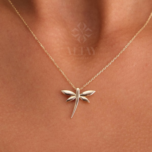14K Gold Dragonfly Necklace, Dragonfly Gold Pendant, Gold Dragonfly Charm, Minimalist Dragonfly Choker, Dainty Gold Necklace, Gift For Her