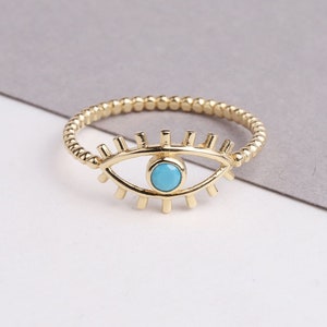 14K Solid Gold Evil Eye Ring, Turquoise Stone, Good Luck Ring,Dainty Ring, Stackable Ring, Gift For Her, Minimal Ring, Delicate Fashion Ring