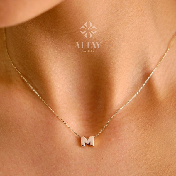 Collar inicial de oro macizo de 14K, gargantilla colgante de letras, encanto de letras mínimas, collar con nombre, colgante personalizado delicado, regalo para ella
