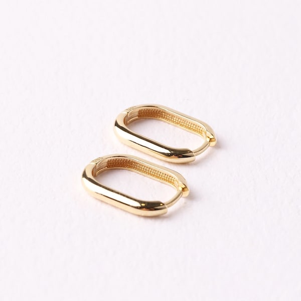 14K Gold Oblong Rectangle Earrings, Rectangle and Oval Shape Earrings, Minimalist Hoop Earrings, Dainty Gold Earrings, Minimalist Huggie