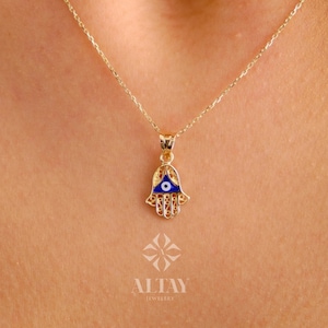 14K Gold Hamsa Pendant Necklace, Hand of Fatima Charm, Evil Eye Necklace, Religious Jewelry, Good Luck Protection Symbol, Gift For Her