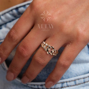 14K Gold Chain Ring, Cuban Link Ring, Thick Chain Curb Ring, Bold Chain Ring, Solid Gold Stacking Ring, Layering Minimalist Chain Link